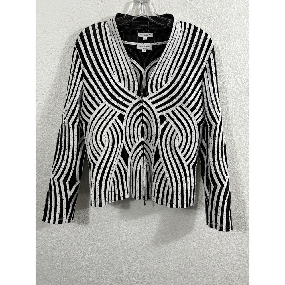 Alexandra Rosati Jacket Top‎ Set Womens Petite 14 Black White Geometric Mesh Zip